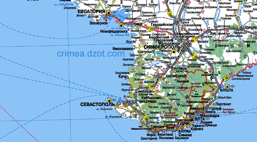 Карта автодорог Крыма - юго-запад