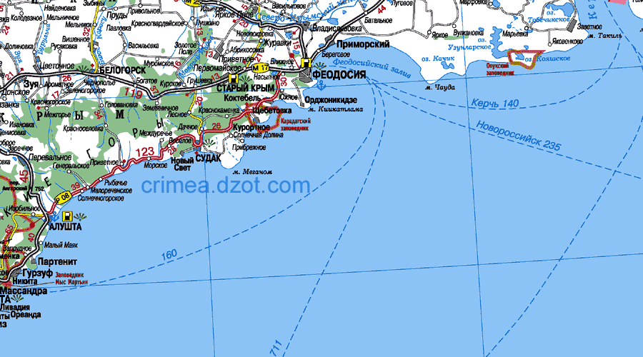 Карта автодорог Крыма - юго-восток